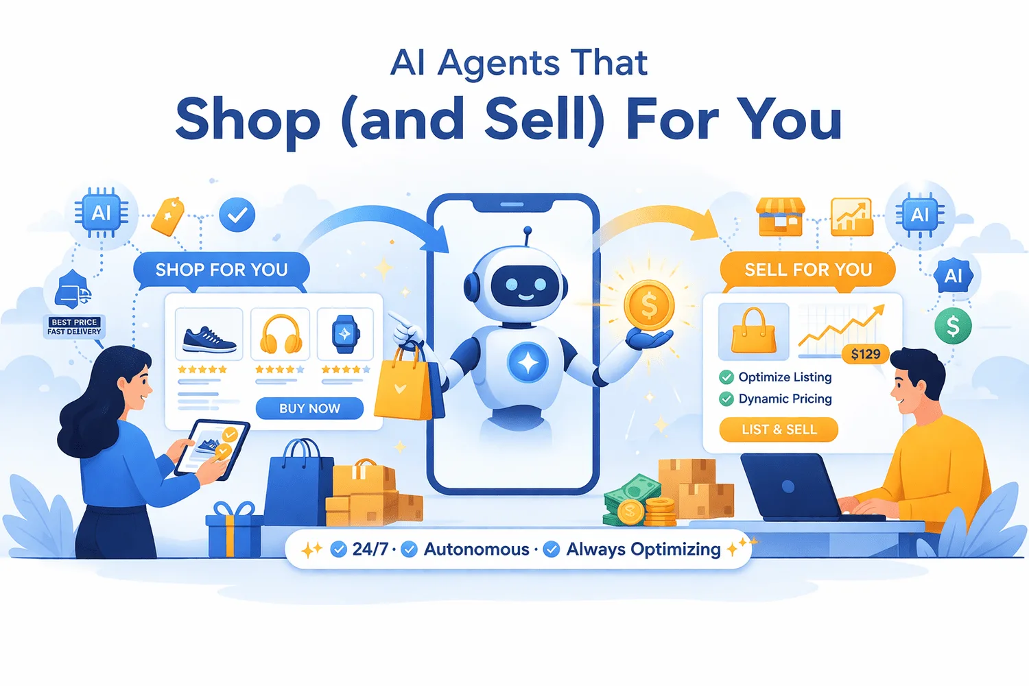Illustration titled AI Agents That Shop (and Sell) For You: a robot in a phone links a shopper and a seller