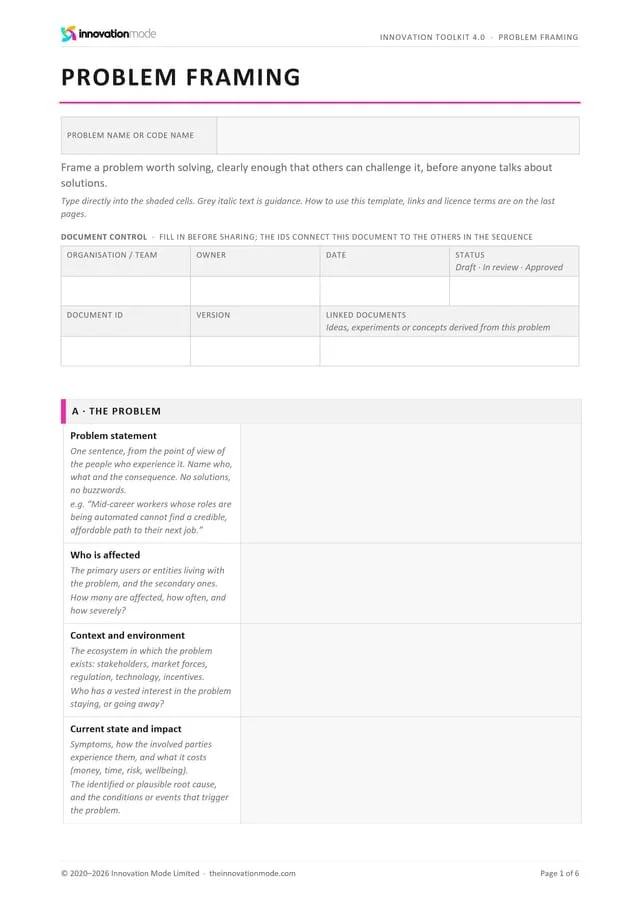 Problem Framing template, first page
